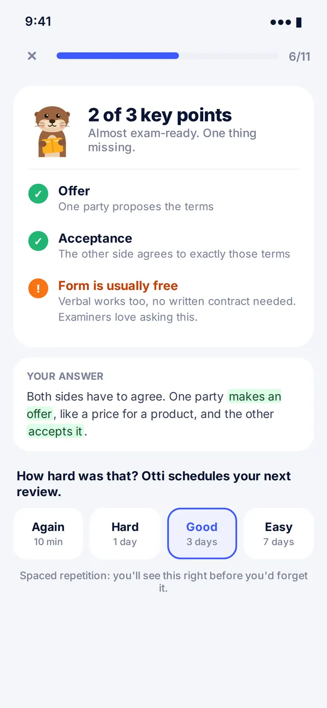 Feedback screen showing 2 of 3 key points correct and one missing