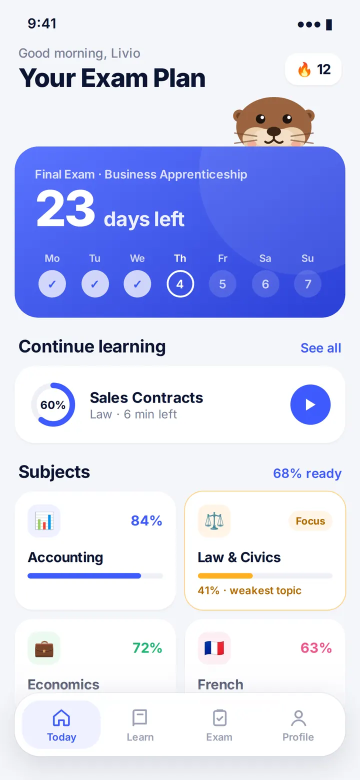Otti's home screen showing 23 days until the exam and today's plan