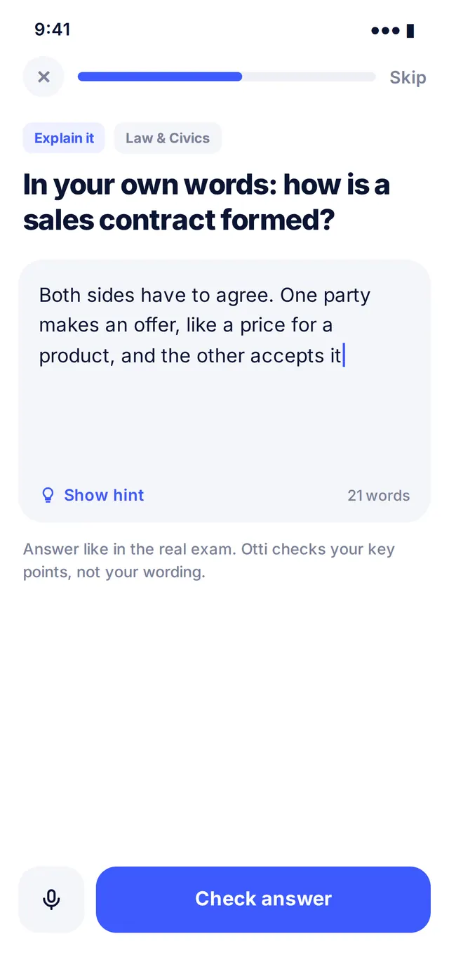 Question screen asking how a sales contract is formed, with a typed answer